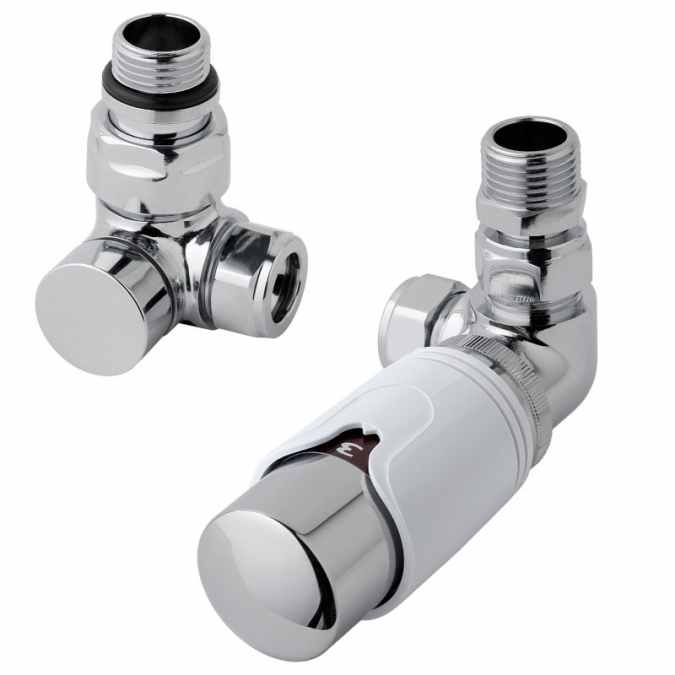 Eastbrook Corner Thermostatic Radiator Valves TRV - White & Chrome - Inc Lockshield