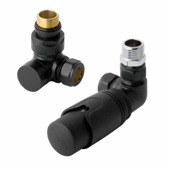 Eastbrook Corner Thermostatic Radiator Valves TRV - Black - Inc Lockshield