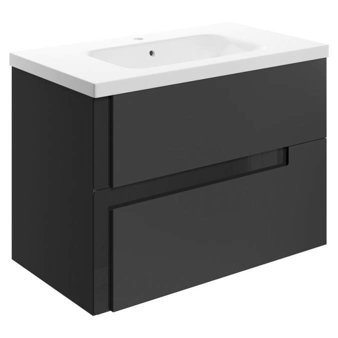 Jux Wall Hung 2 Drawer Basin Unit & White Basin 815mm - Matt Black & Glass