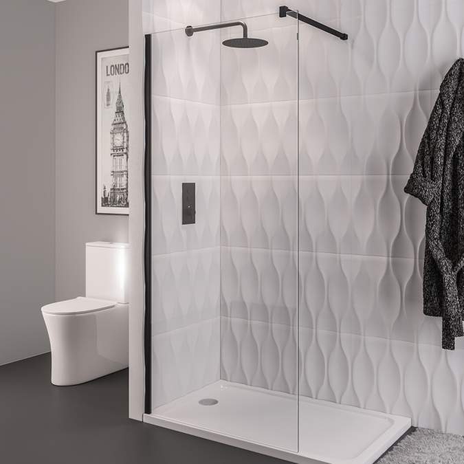 Vantage 8mm, 900mm Matt Black Walk In Shower Screen - Eastbrook