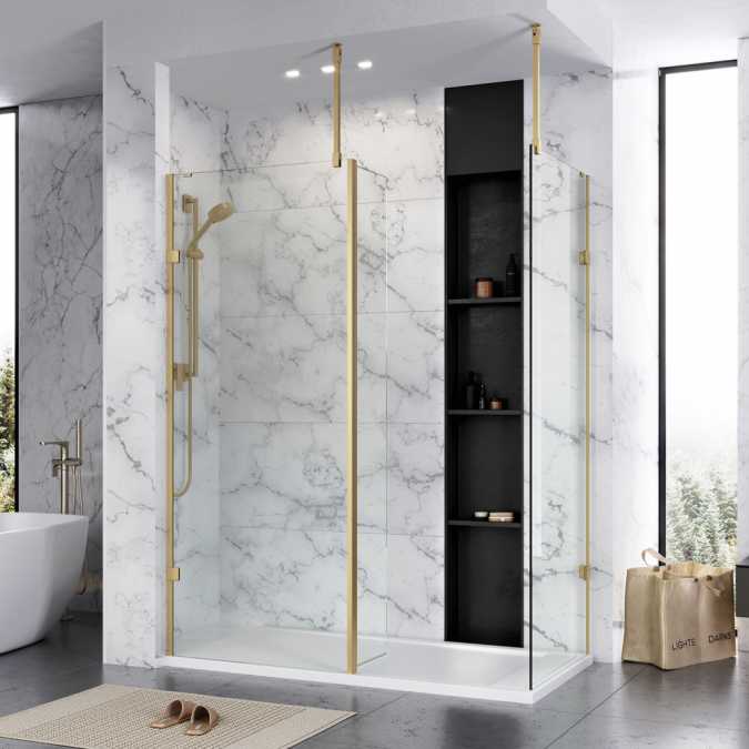 Roman Liberty 1157mm Brushed Brass Wetroom Panel with Clear Glass Corner