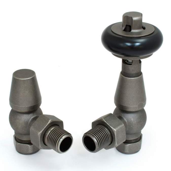 DQ Enzo TRV Angle with Black Heads in Pewter Radiator Valves