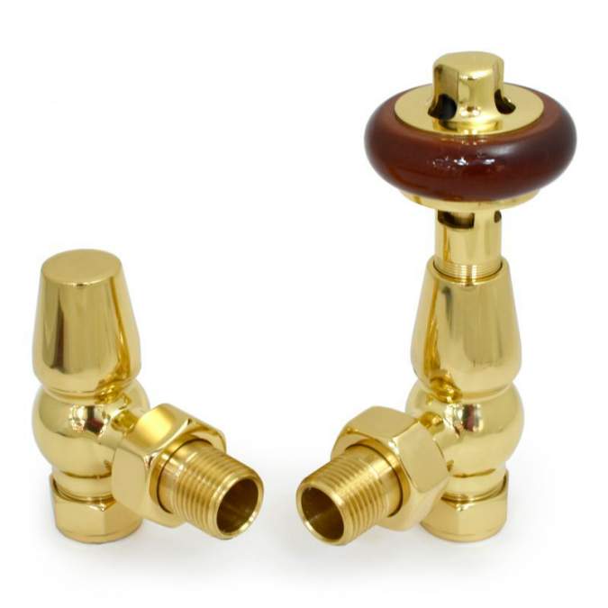 DQ Enzo Manual Angled with Brown Heads in Polished Brass Radiator Valves