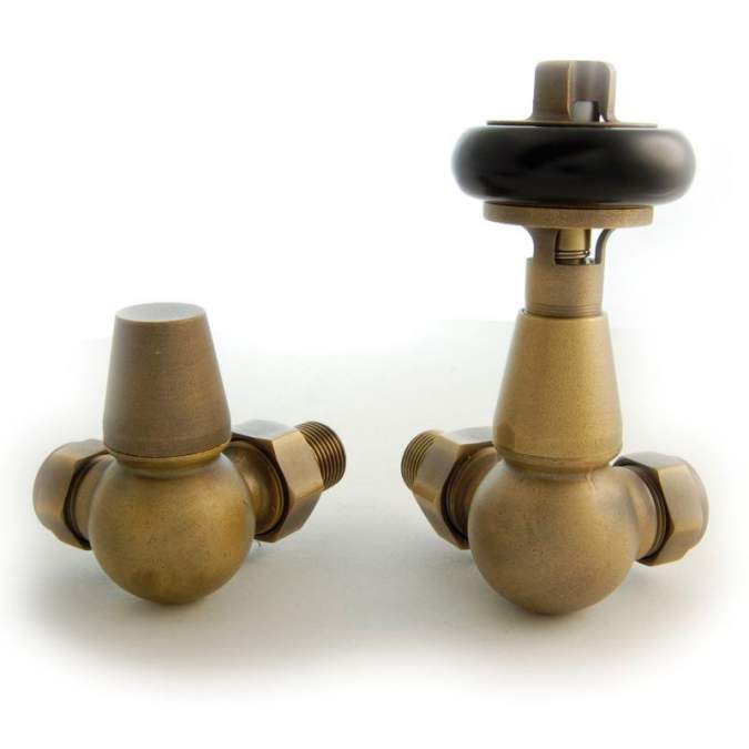 DQ Enzo TRV Corner with Black Heads in Old English Brass Radiator Valves