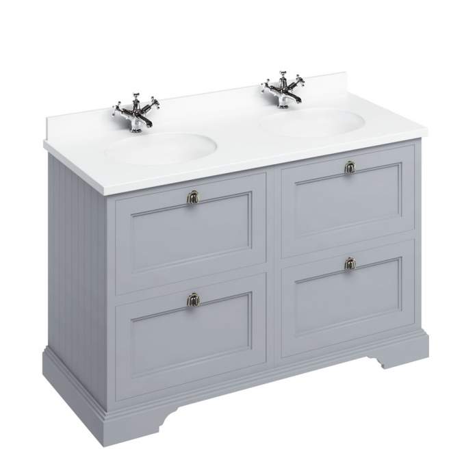 Burlington 130cm Grey Double Basin Four Drawer Vanity Unit - Minerva Worktop