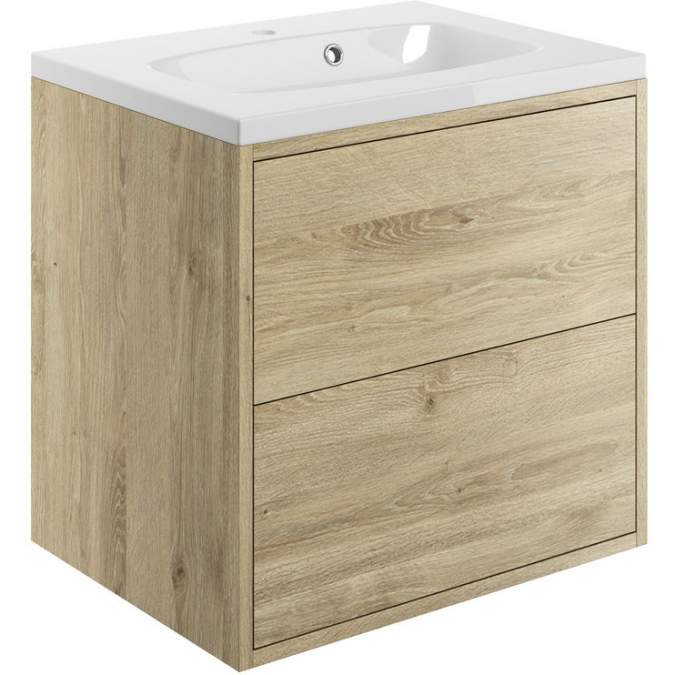 Pomeranian 600mm 2 Drawer Wall Hung Basin Unit Inc. Basin - Havana Oak