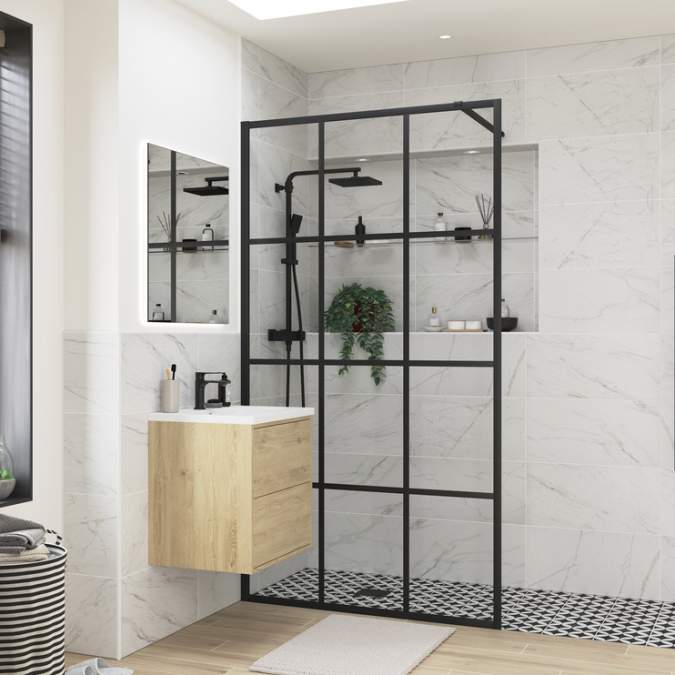 Supreme Black Grid Framed Wetroom Panel - 1000mm