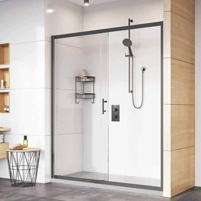 Roman Innov8 Matt Black Sliding Shower Door 1400mm for Alcove Fitting 