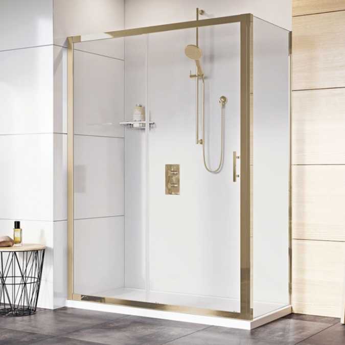 Roman Innov8 Brushed Brass Sliding Shower Door & Side Panel 1500 x 900mm - Corner Fitting