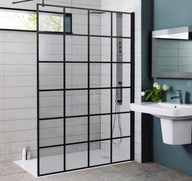 Kartell Krittle Black Grid Wetroom Glass Panel - 700mm