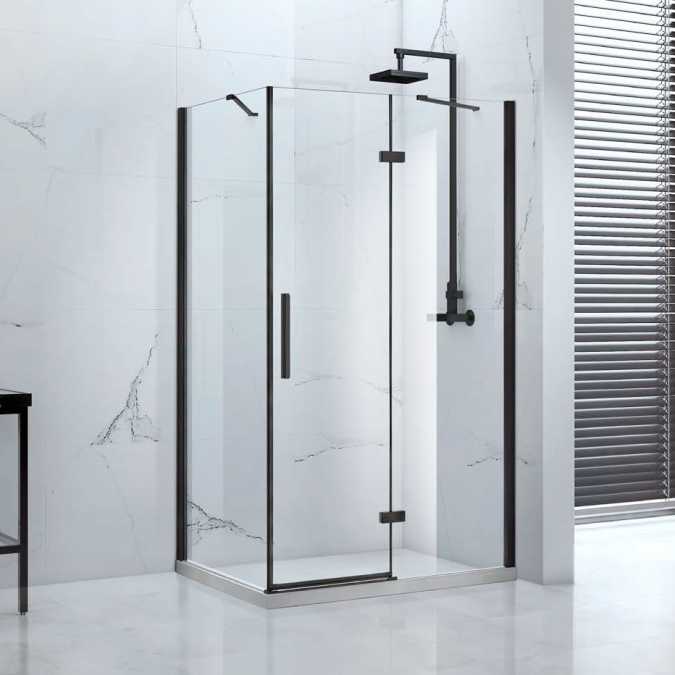 1400mm - Pure Black Semi-Frameless Hinged Shower Door - Clear Glass