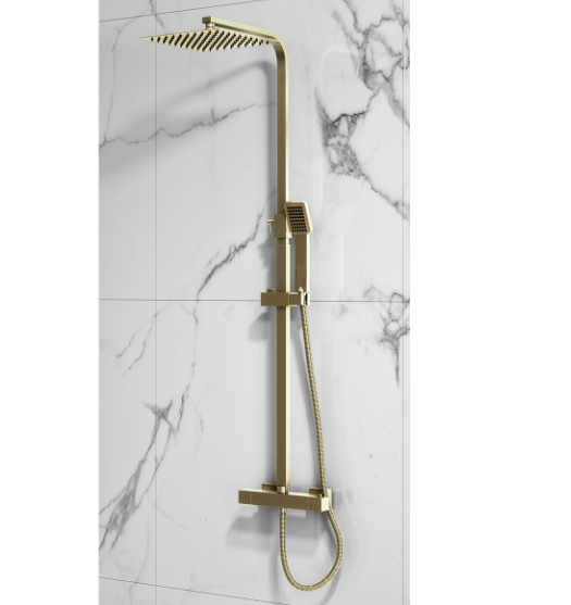 Cube Brushed Brass Square Dual Head Exposed Thermostatic Shower With Metal Fixed Head 