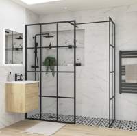 Roman Liberty 1157mm Matt Black Wetroom Panel with Clear Glass Corner