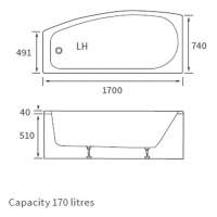 Eurowa 1700 x 700mm Single Ended Steel Bath Inc Legs (2 Tap Holes)