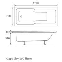 Eurowa 1600 x 700mm Single Ended Steel Bath Inc Legs (2 Tap Holes)