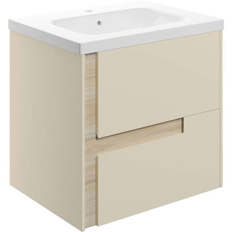 Jux Wall Hung 2 Drawer Basin Unit & White Basin 615mm - Matt Cotton & Oak Effect