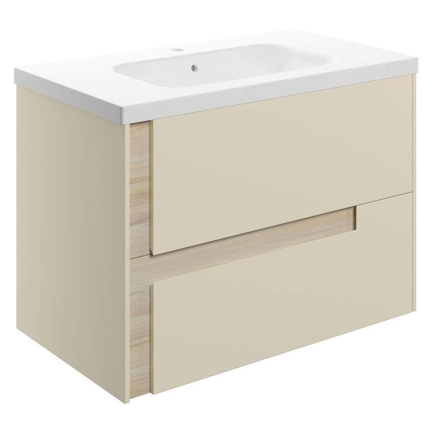 Jux Wall Hung 2 Drawer Basin Unit & White Basin 815mm - Matt Cotton & Oak Effect