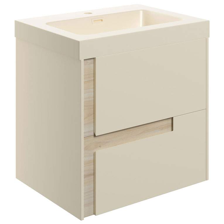 Jux Wall Hung 2 Drawer Basin Unit & Co-ordinating Basin 605mm - Matt Cotton & Oak Effect