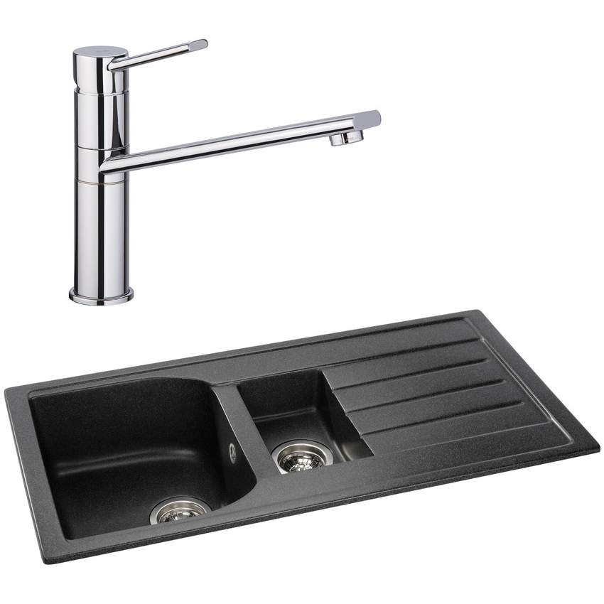 Abode Oriel 1.5 Bowl Inset Black Granite Kitchen Sink & Specto Tap Pack