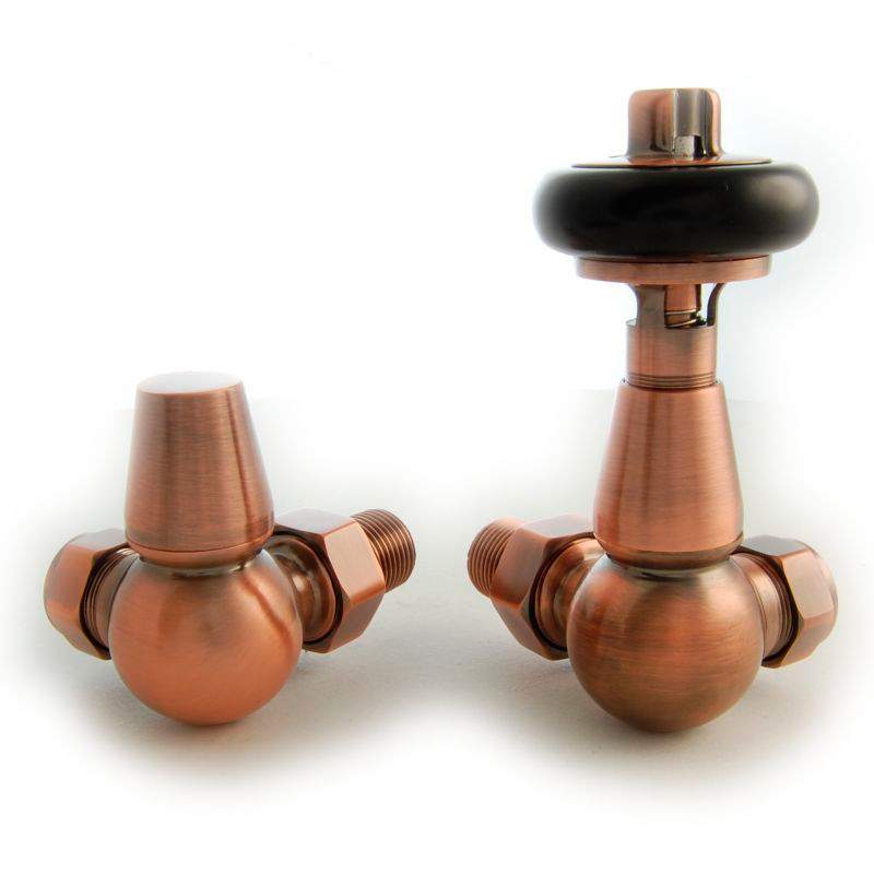 DQ Enzo TRV Corner with Black Heads in Antique Copper Radiator Valves