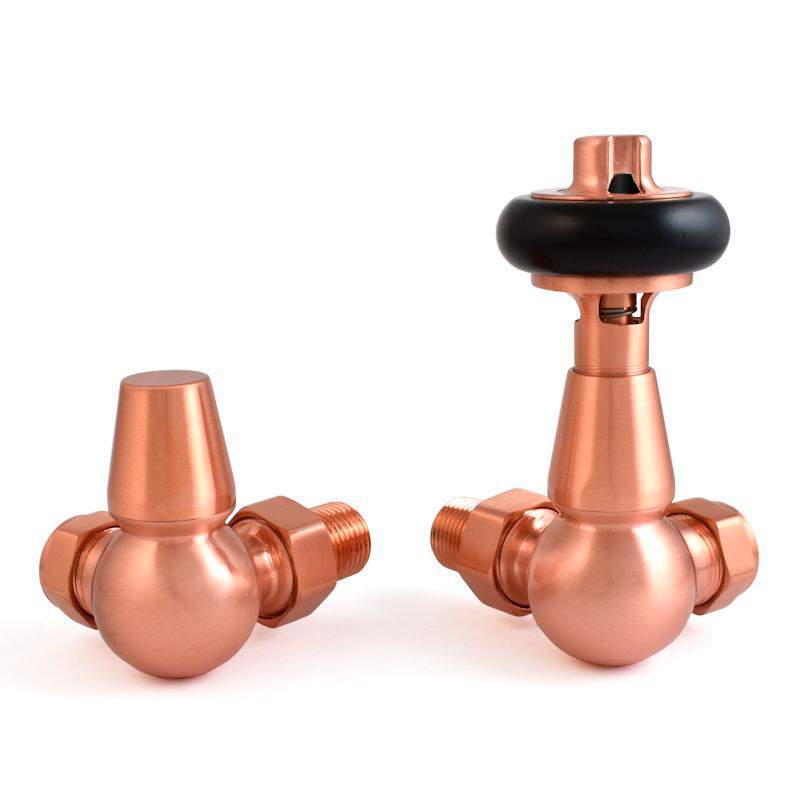 DQ Enzo TRV Corner with Black Heads in Brushed Copper Radiator Valves