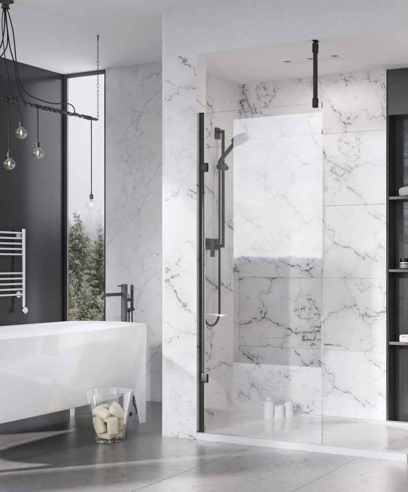 Roman Liberty 1057mm Matt Black Wetroom Panel with Clear Glass Corner