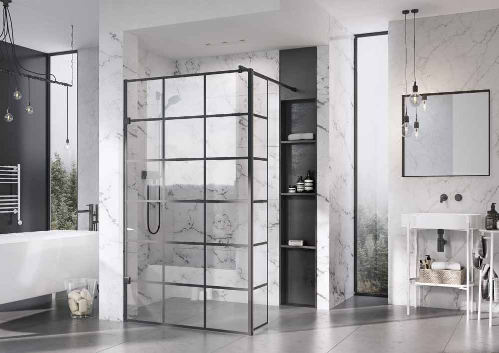 Roman Liberty Matt Black Grid Wetroom Panel - 1057mm