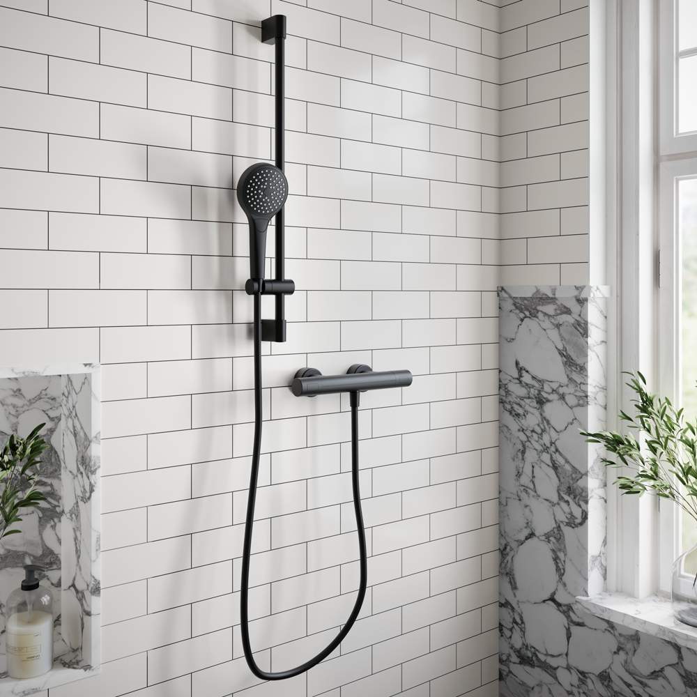 Villeroy & Boch Round Thermostatic Exposed Shower Set With Riser Rail Matt Black