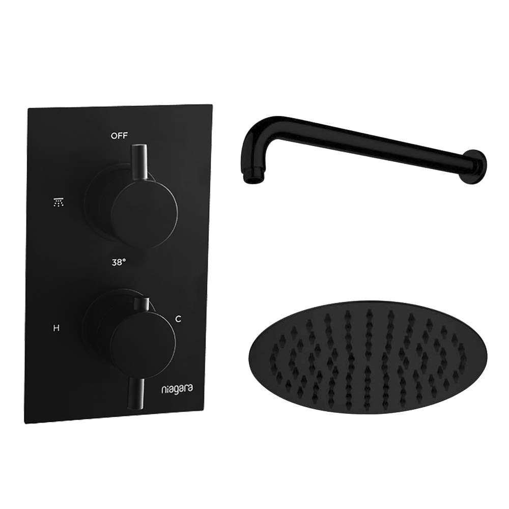 Niagara Equate Single Outlet Shower Valve + Wall Mounted Shower Arm & Head in Matt Black