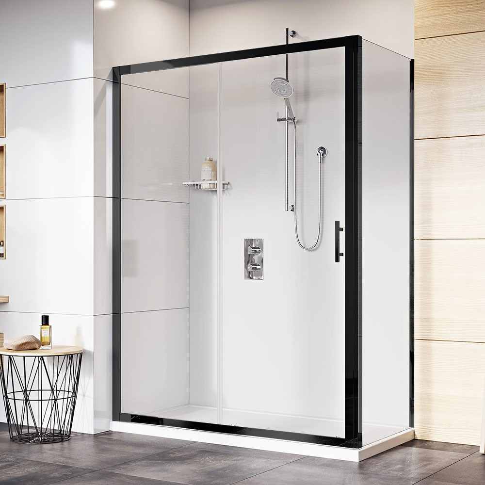 Roman Innov8 Matt Black Sliding Shower Door & Side Panel 1200 x 800mm - Corner Fitting