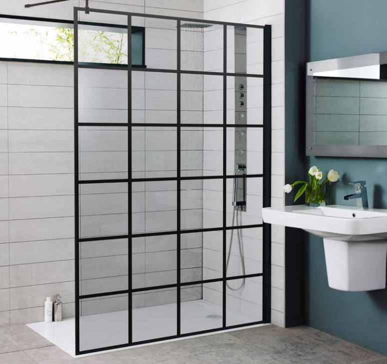 Kartell Krittle Black Grid Wetroom Glass Panel - 1200mm