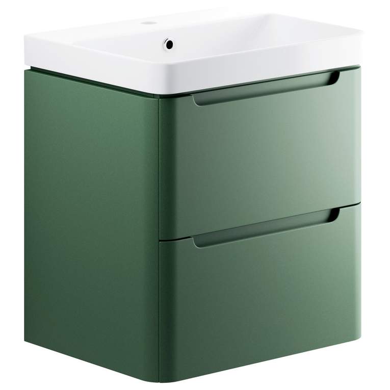 Laplane 600mm 2 Drawer Wall Hung Basin Unit - Matt Sage Green