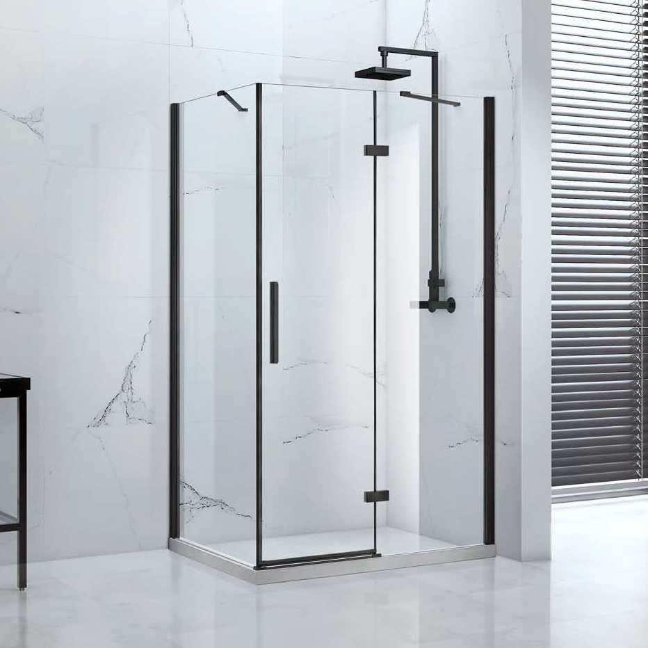 1400mm - Pure Black Semi-Frameless Hinged Shower Door - Clear Glass